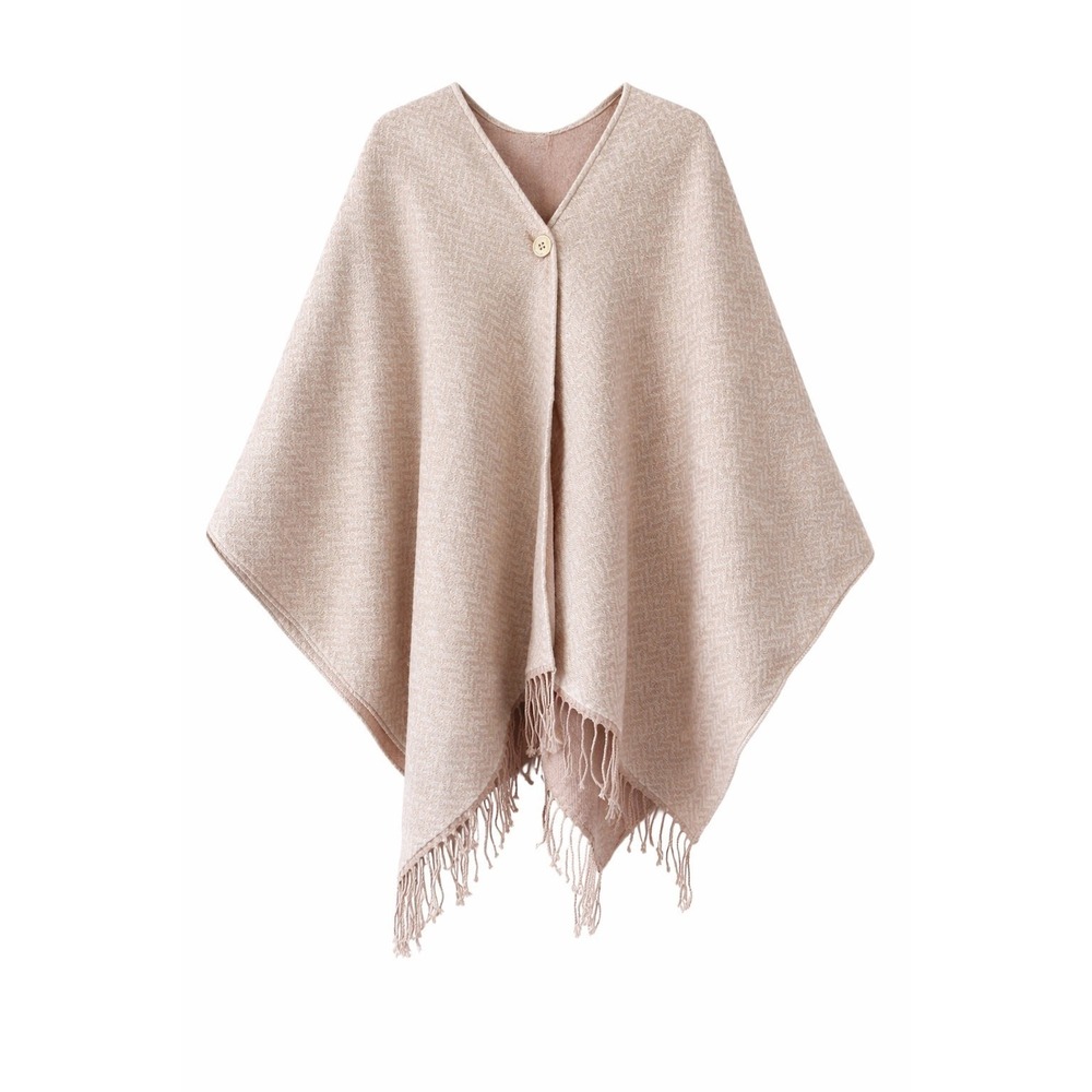 Calvin Klein‎ Beige Herringbone Fringe Poncho One Size Wrap